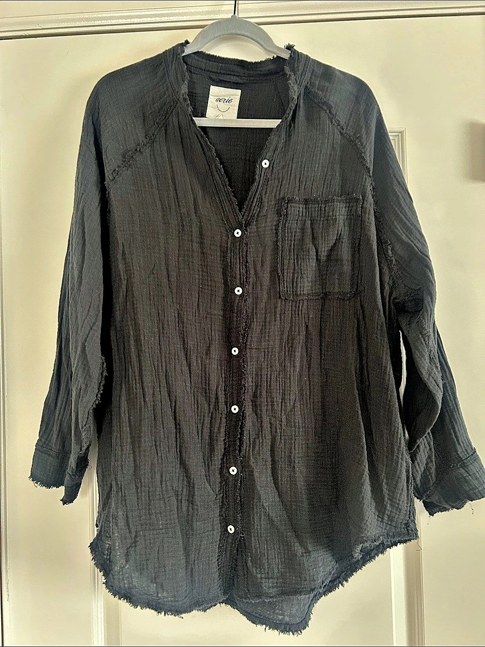 aria pool to party Gauze Button Front Shirt in Black